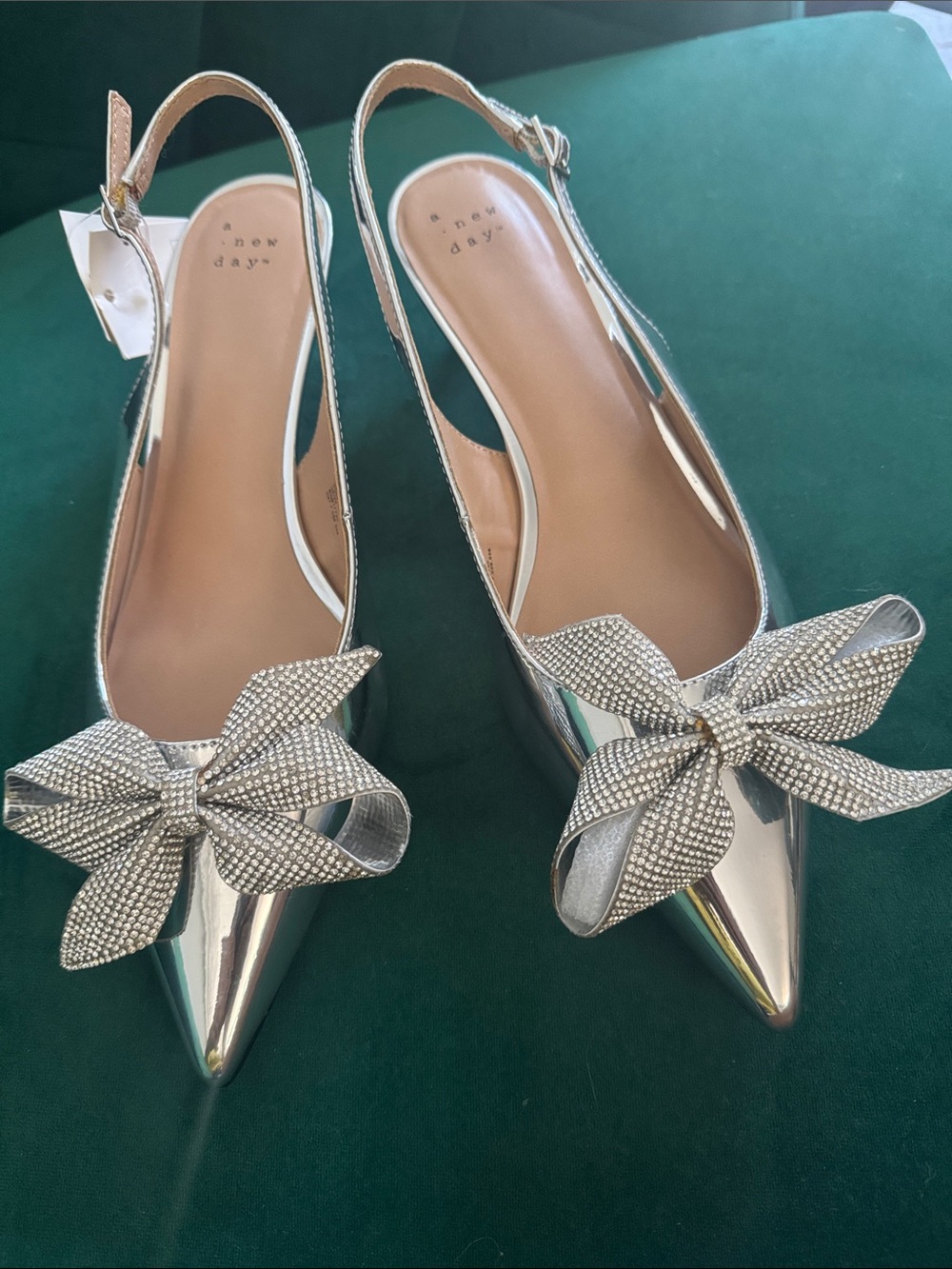 a new day Silver Pointed Slingback Flats with Crystal Bow Accent